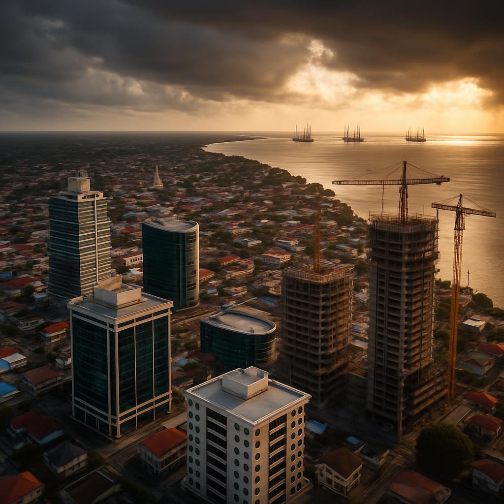 Georgetown, Guyana with oil platforms visible offshore