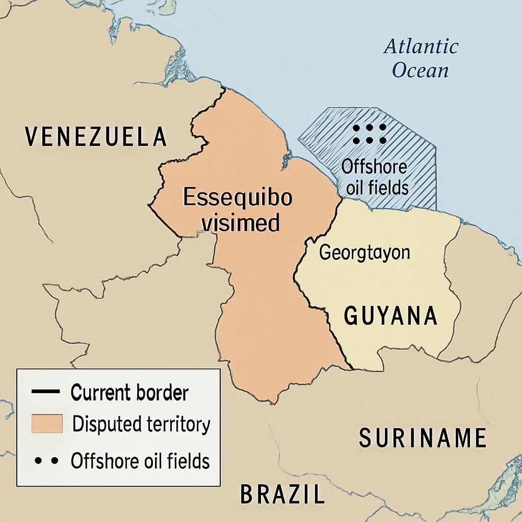 Map showing Guyana's location and the disputed Essequibo region